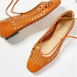 ANN TAYLOR Lydia Leather Rattan Woven Cognac Brown Flats w Ankle Straps